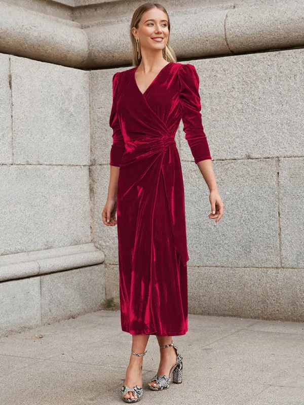 Velvet Wrap Evening Gown with Long Sleeves and Puffed Shoulders