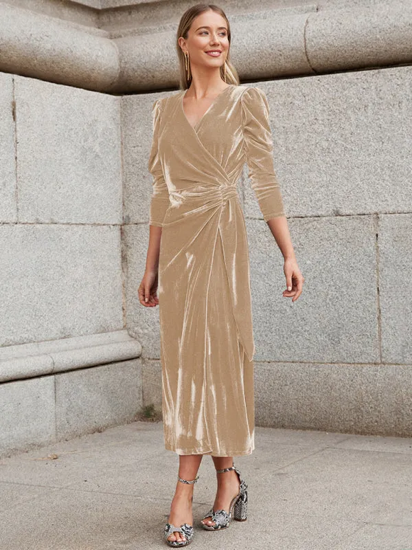 Velvet Wrap Evening Gown with Long Sleeves and Puffed Shoulders