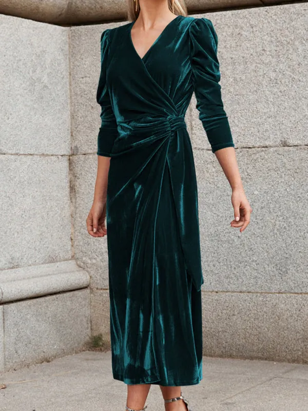 Velvet Wrap Evening Gown with Long Sleeves and Puffed Shoulders