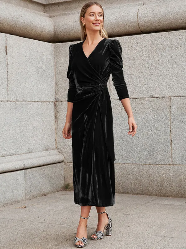 Velvet Wrap Evening Gown with Long Sleeves and Puffed Shoulders