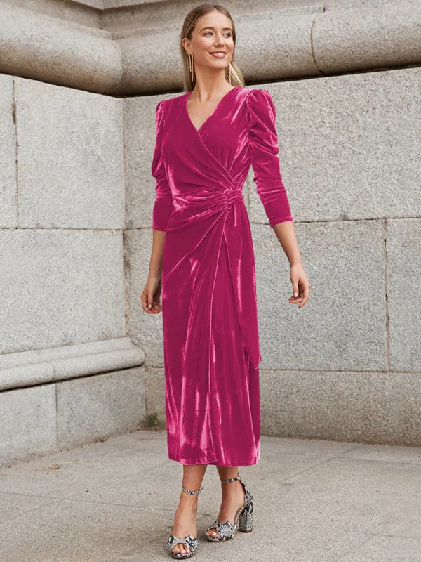 Velvet Wrap Evening Gown with Long Sleeves and Puffed Shoulders