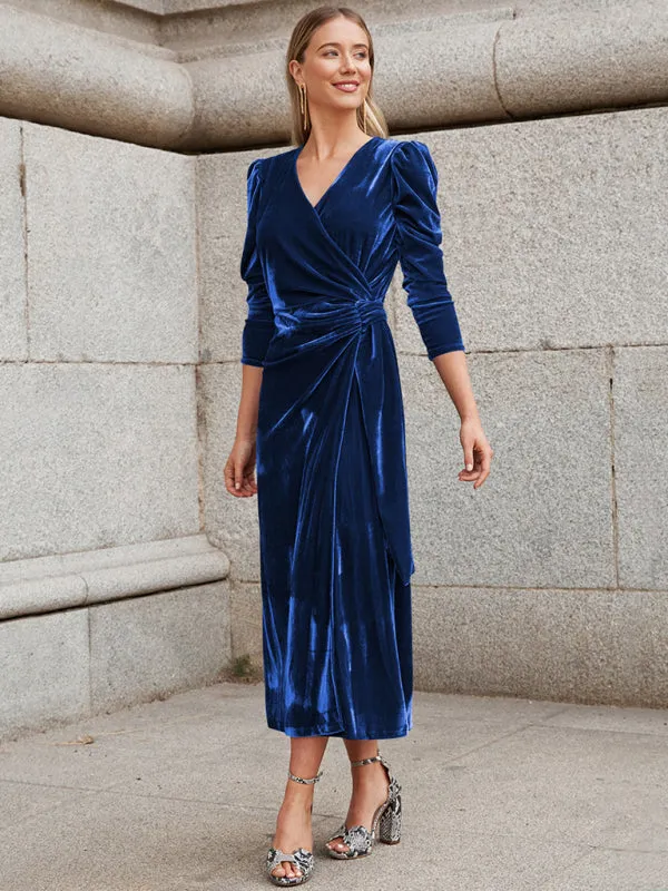 Velvet Wrap Evening Gown with Long Sleeves and Puffed Shoulders