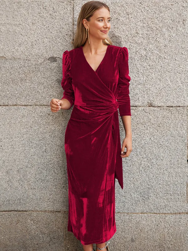 Velvet Wrap Evening Gown with Long Sleeves and Puffed Shoulders