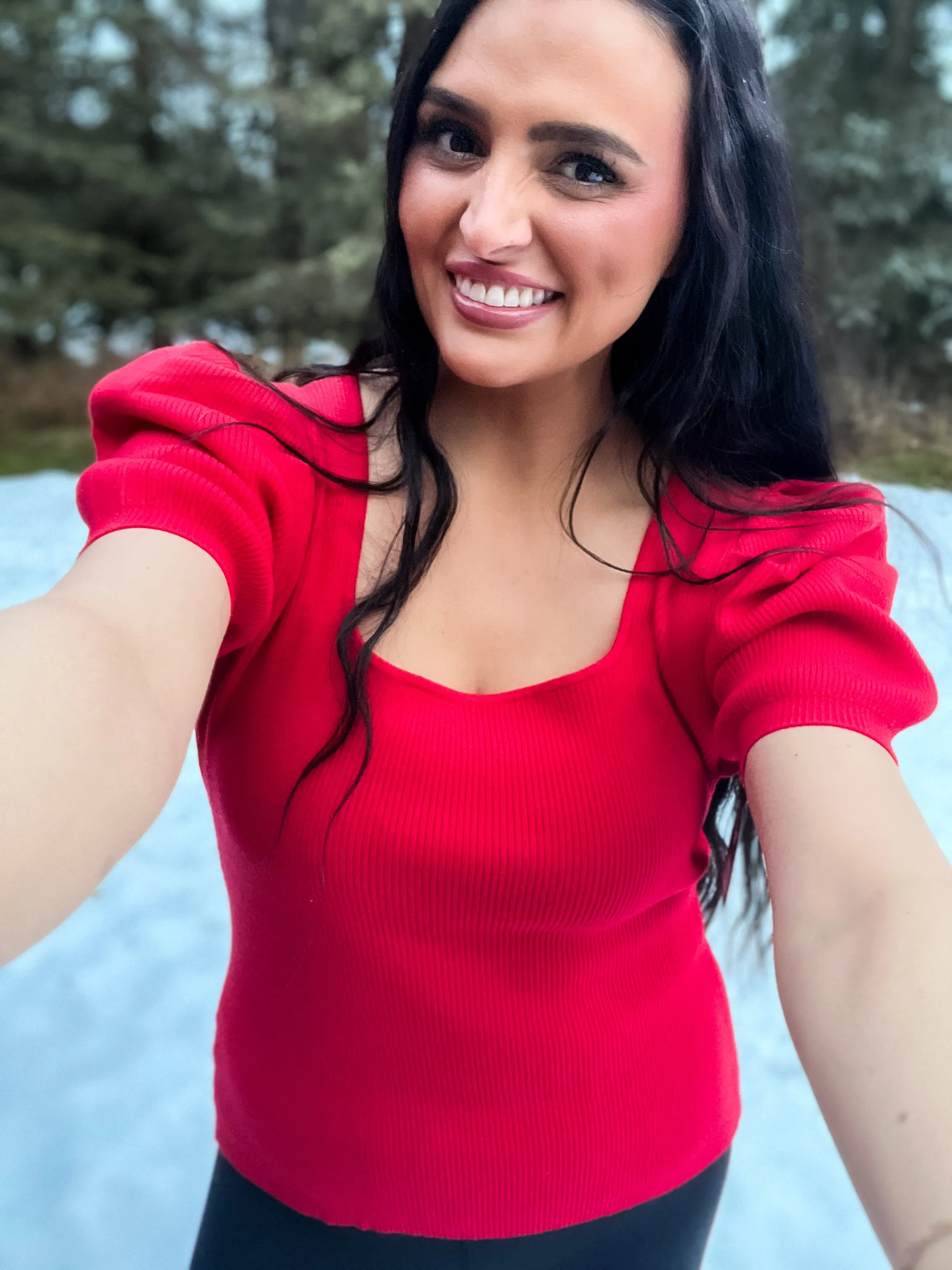 Very Merry Puff Sleeve Top- Red
