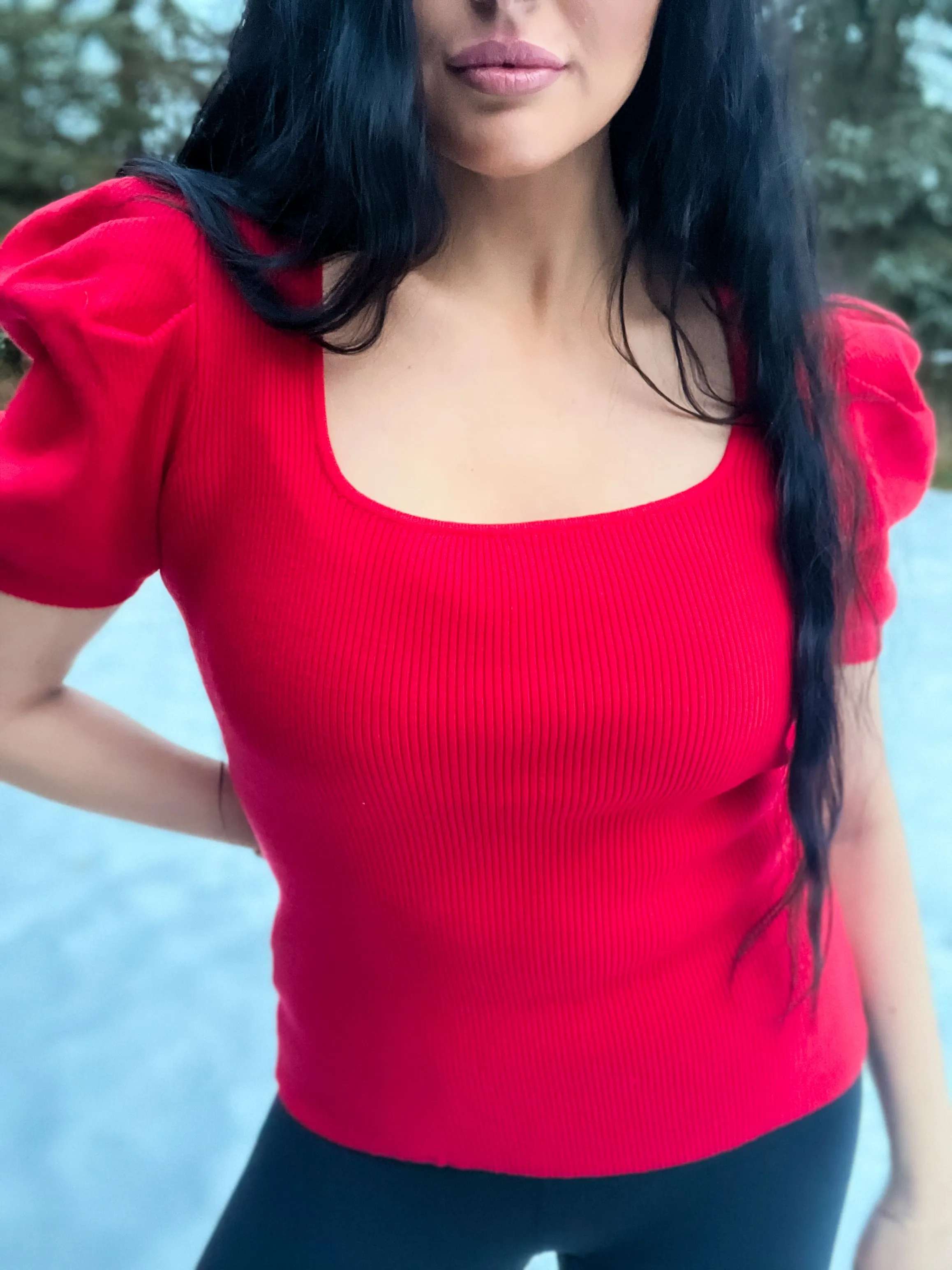 Very Merry Puff Sleeve Top- Red