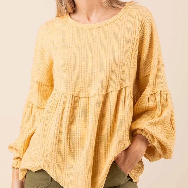 Waffle Knit Long Sleeve Babydoll Top