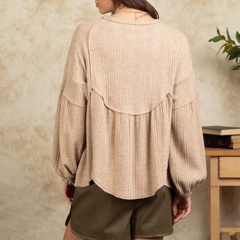 Waffle Knit Long Sleeve Babydoll Top