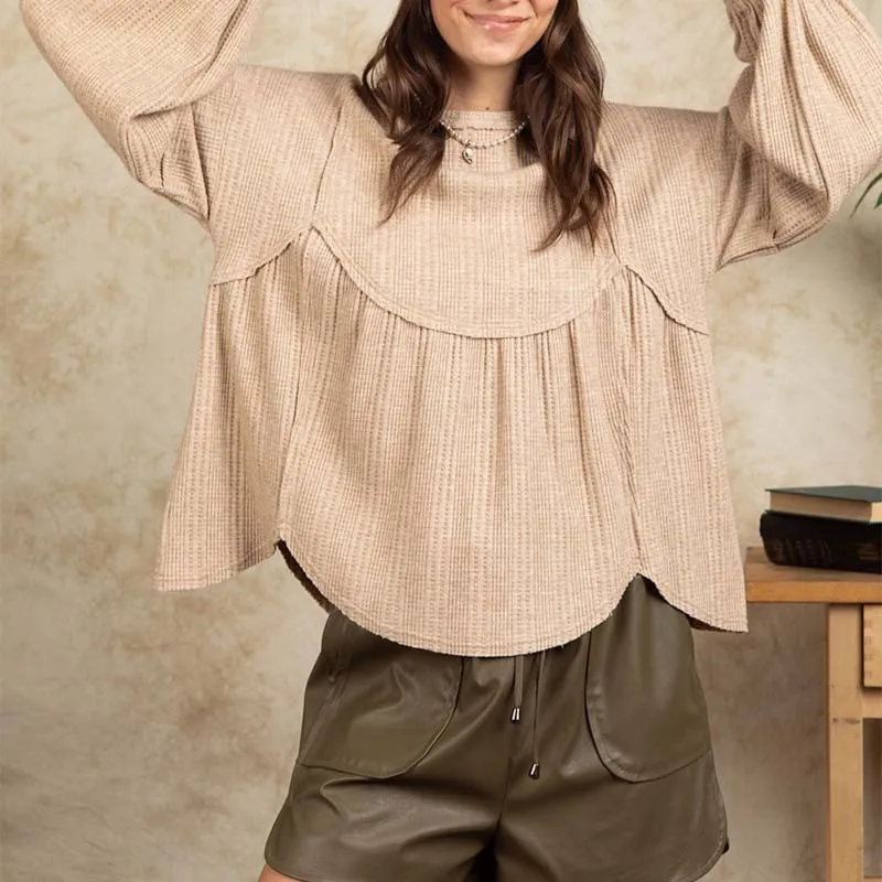 Waffle Knit Long Sleeve Babydoll Top
