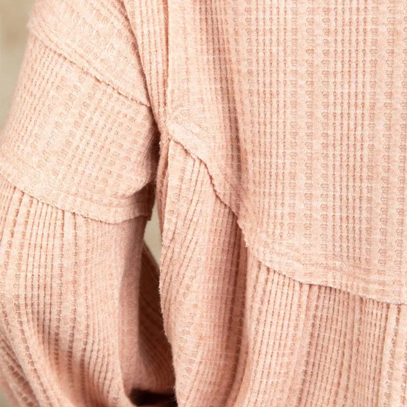 Waffle Knit Long Sleeve Babydoll Top