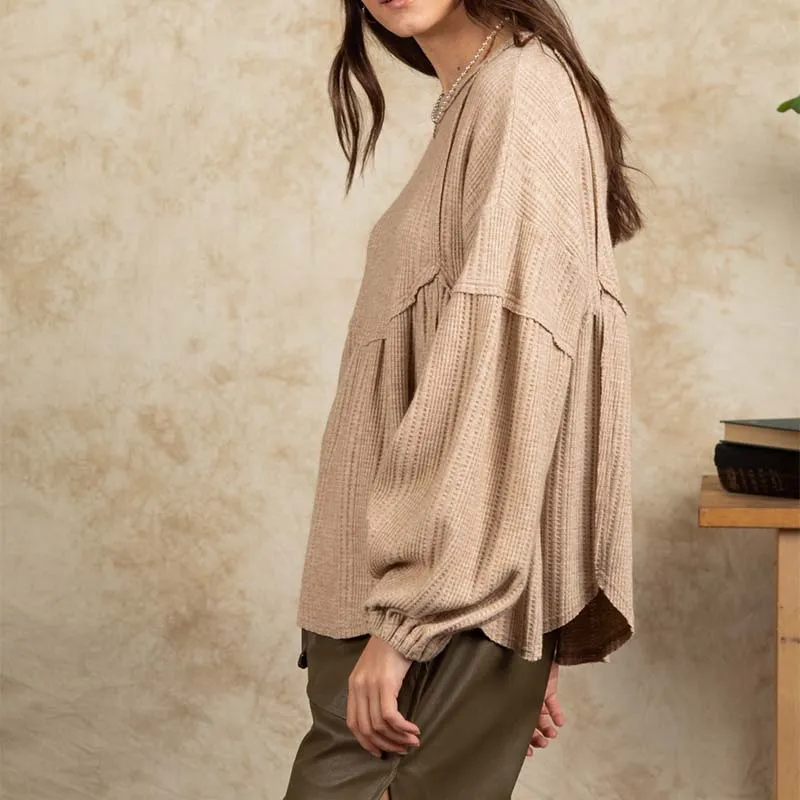 Waffle Knit Long Sleeve Babydoll Top