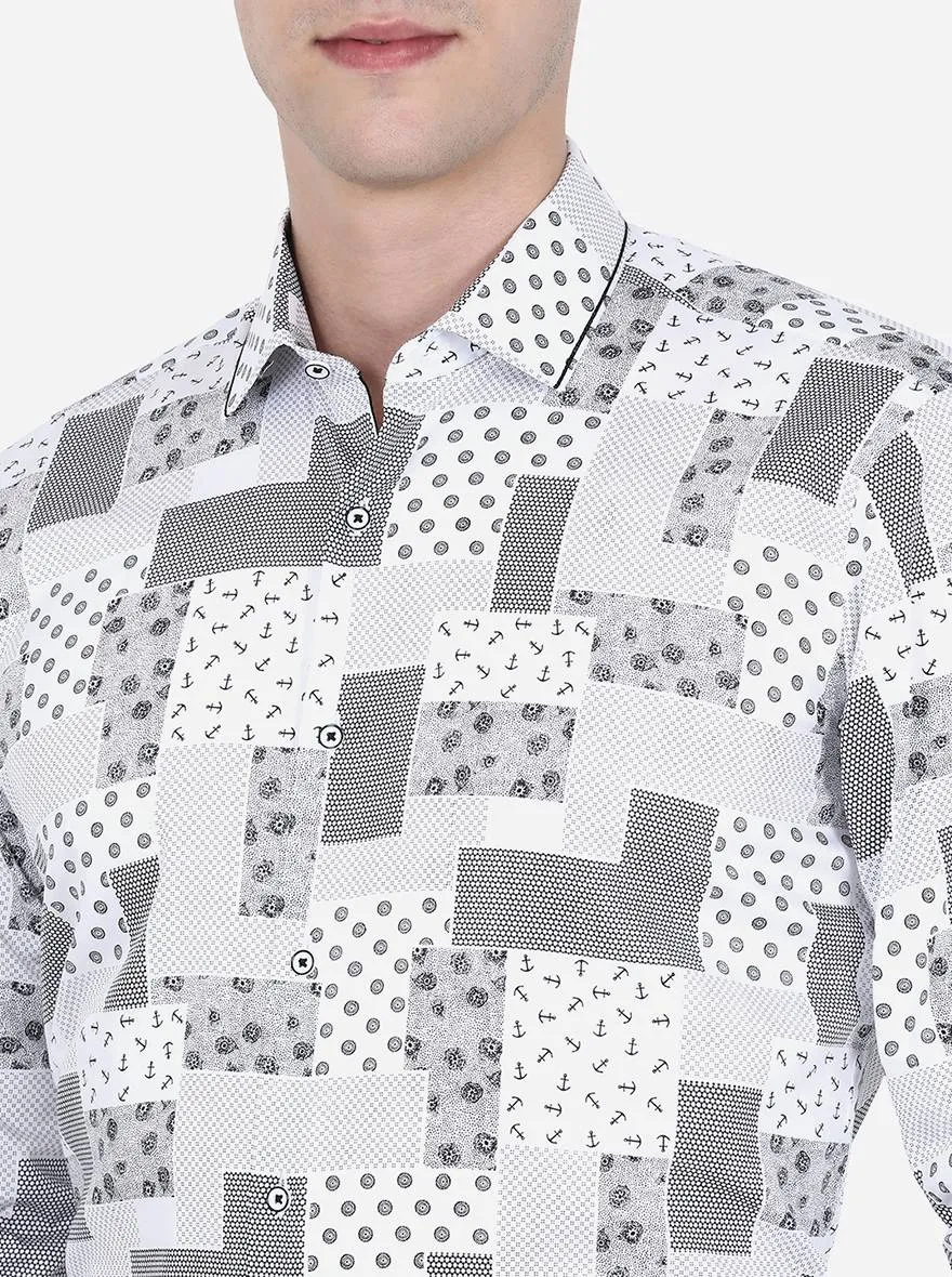 White & Black Printed Slim Fit Party Wear Shirt | JB Studio