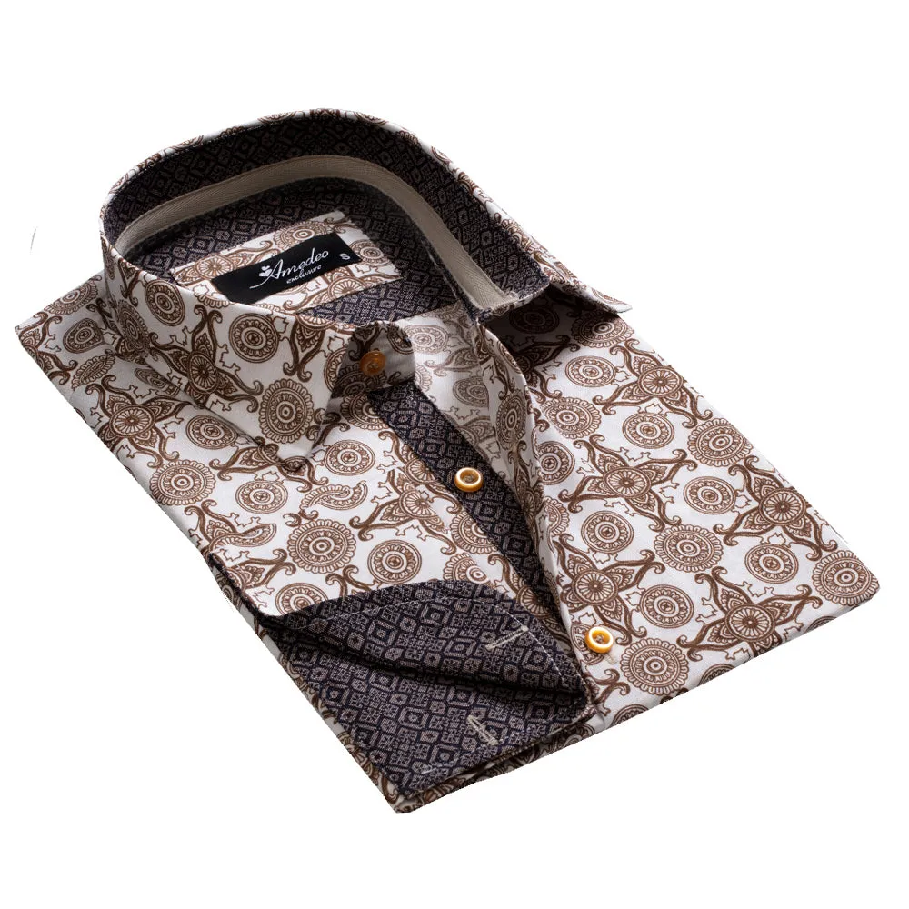 White and Brown Design Mens Slim Fit French Cuff Dress Shirts With