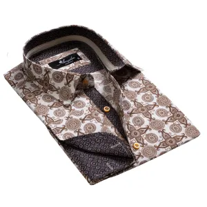 White and Brown Design Mens Slim Fit French Cuff Dress Shirts With