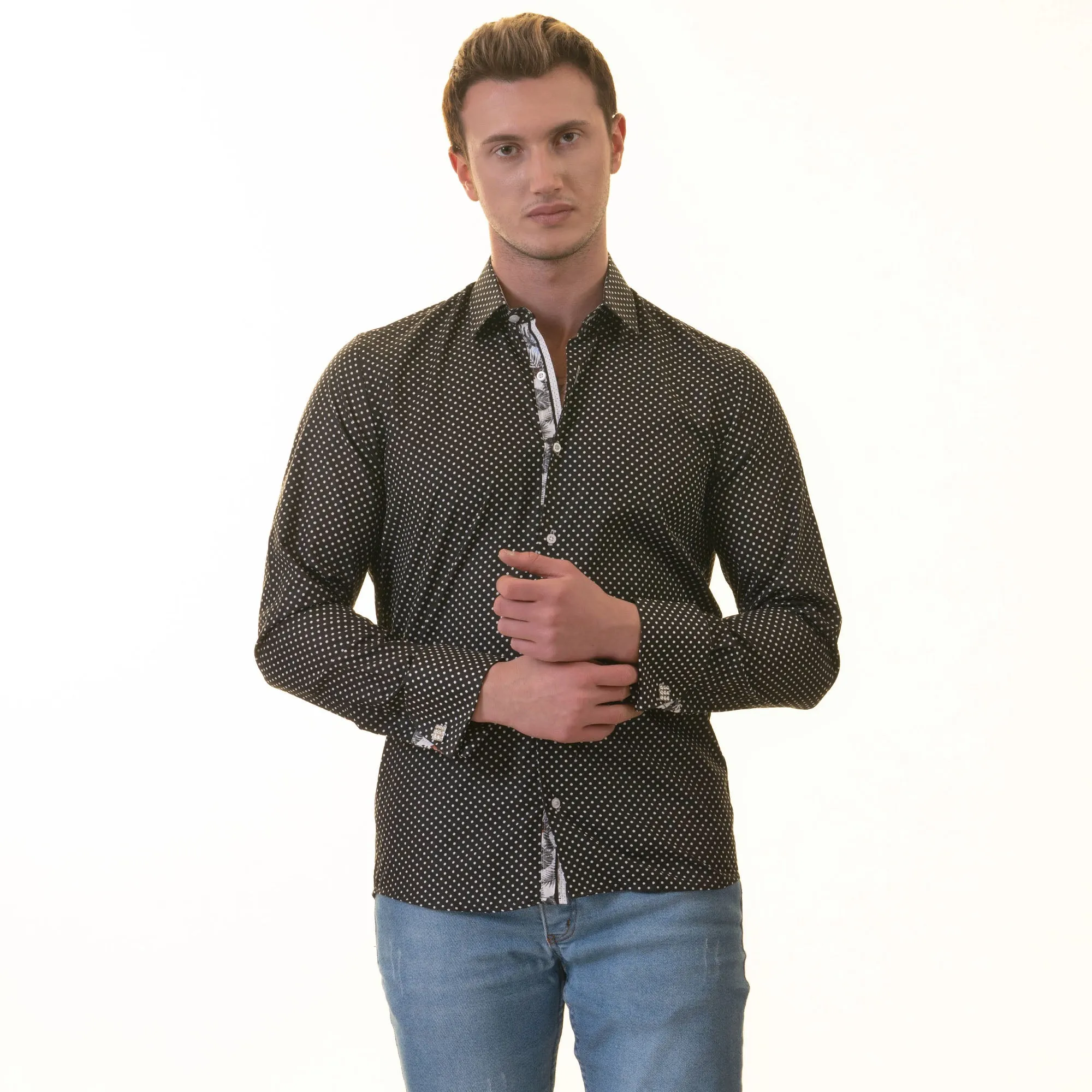 White Black Polka Dot inside Tropical Mens Slim Fit Designer French
