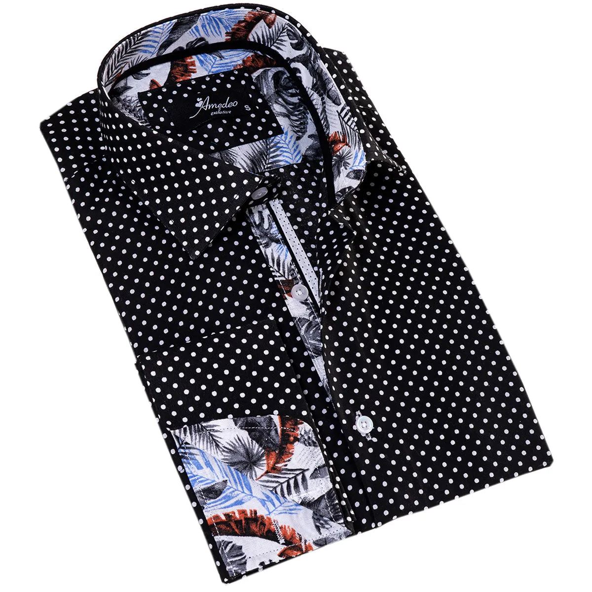 White Black Polka Dot inside Tropical Mens Slim Fit Designer French