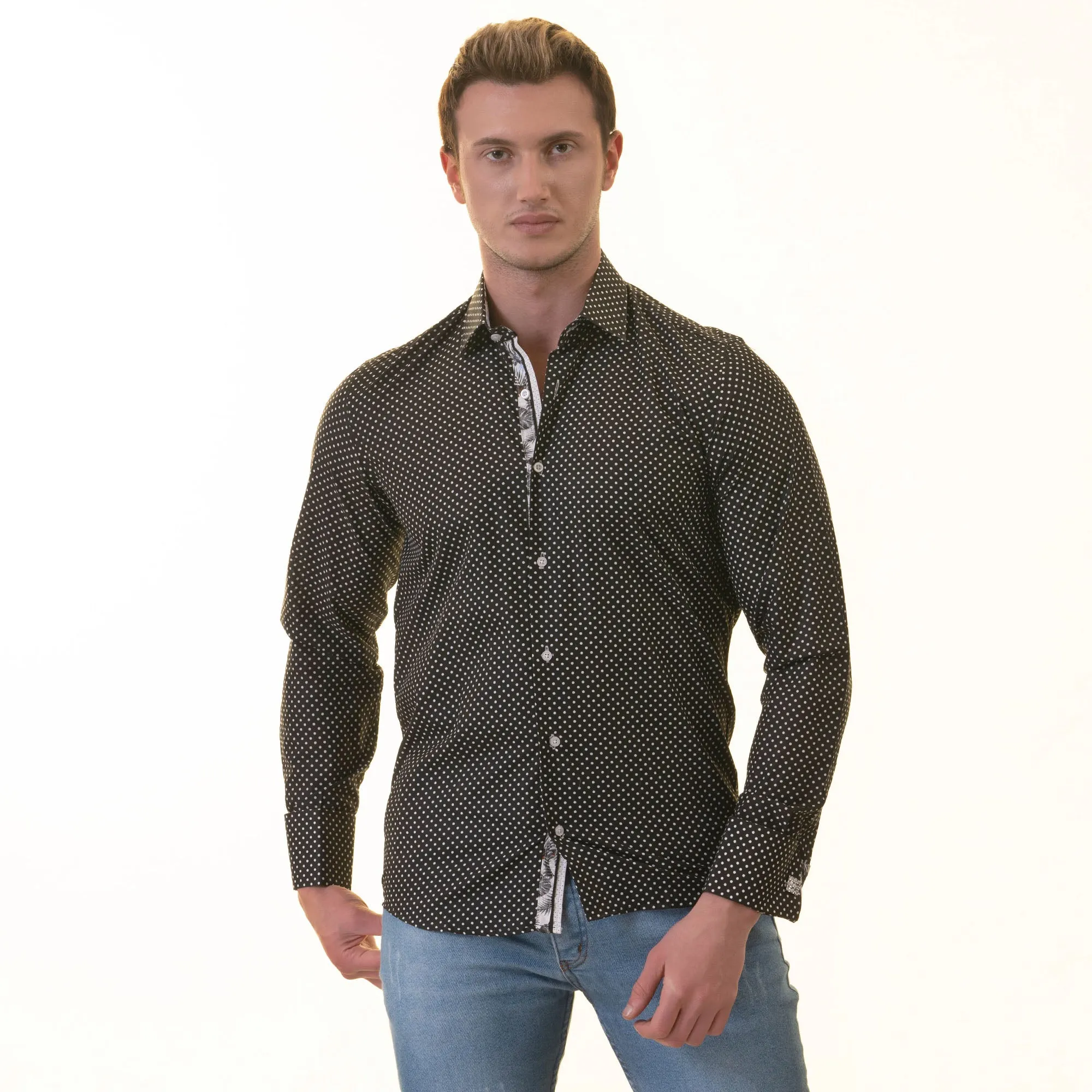 White Black Polka Dot inside Tropical Mens Slim Fit Designer French