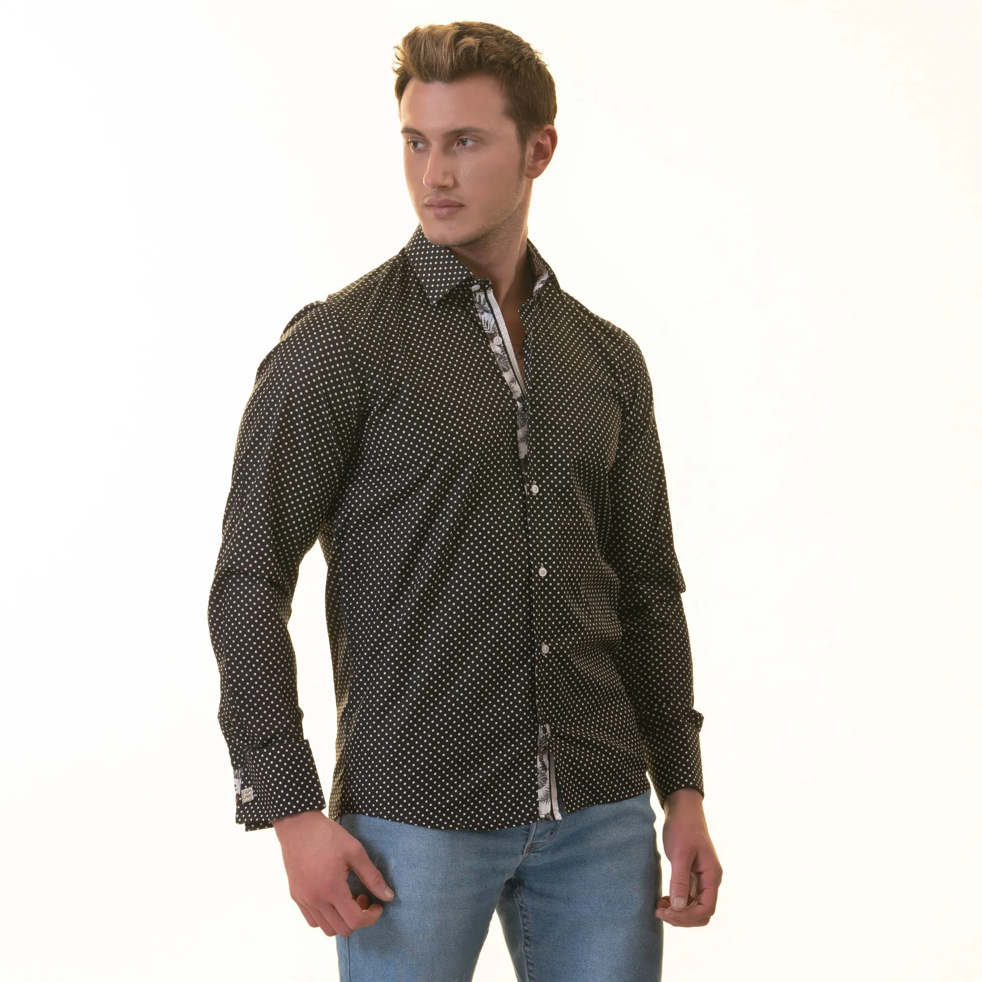 White Black Polka Dot inside Tropical Mens Slim Fit Designer French