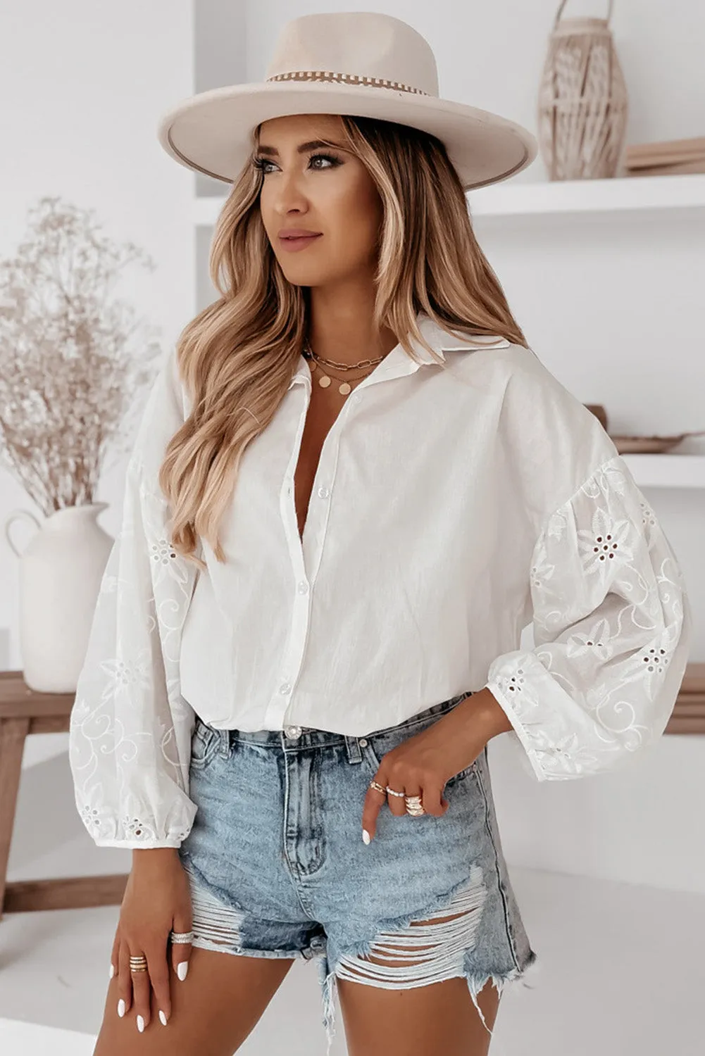 White Eyelet Embroidered Puff Sleeve Shirt