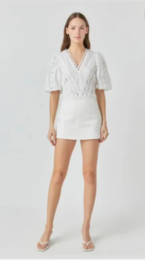White Lace V Neck Top-L
