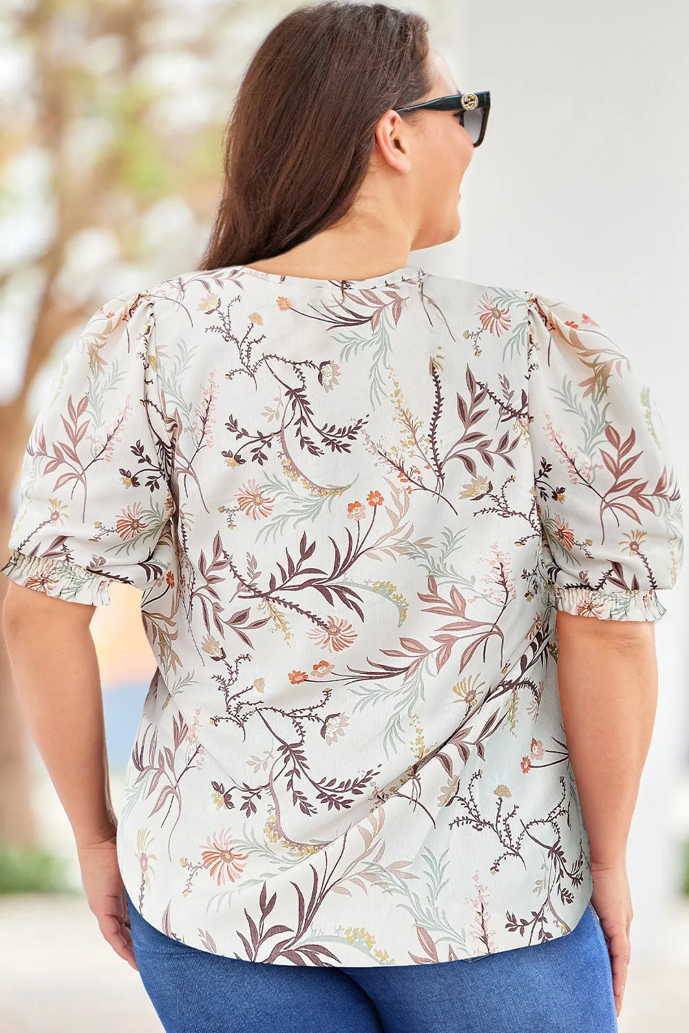 White Plus Size Botanical Print Puff Sleeve Blouse
