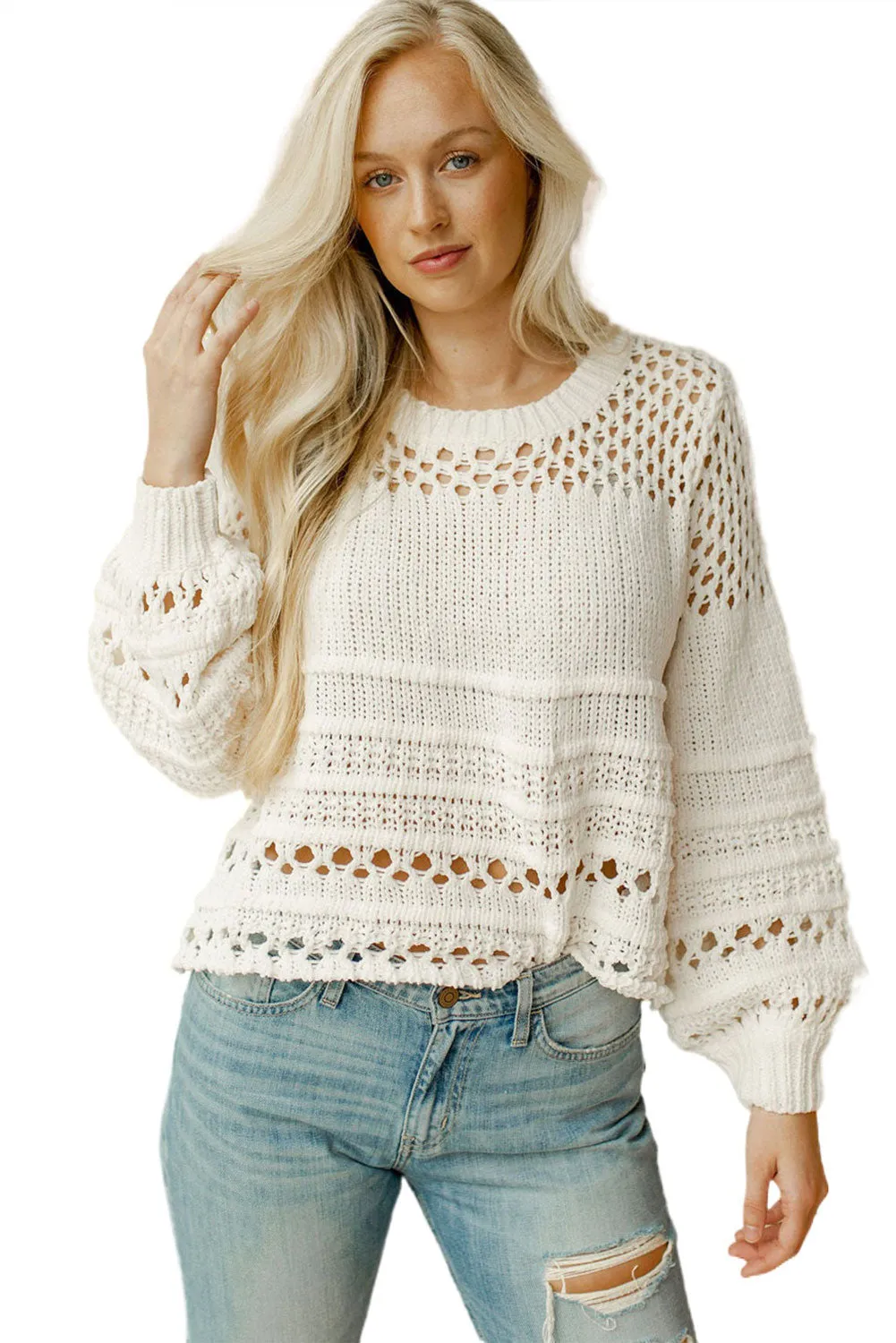 White Pointelle Knit Puff Sleeve Sweater