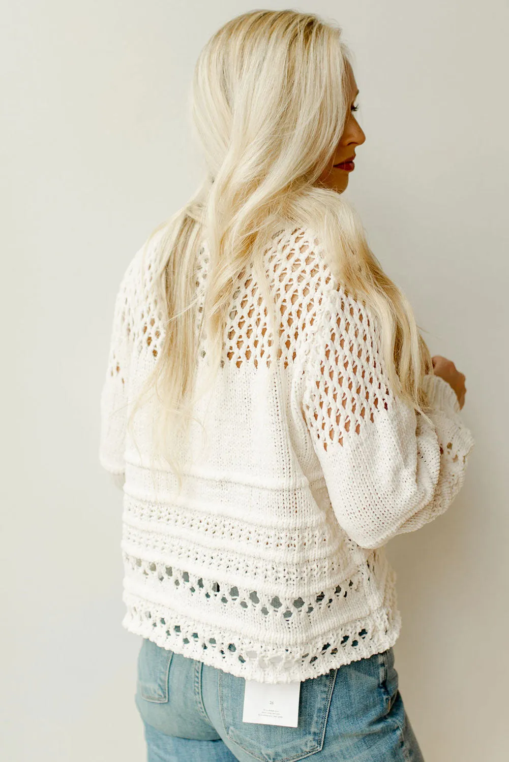 White Pointelle Knit Puff Sleeve Sweater