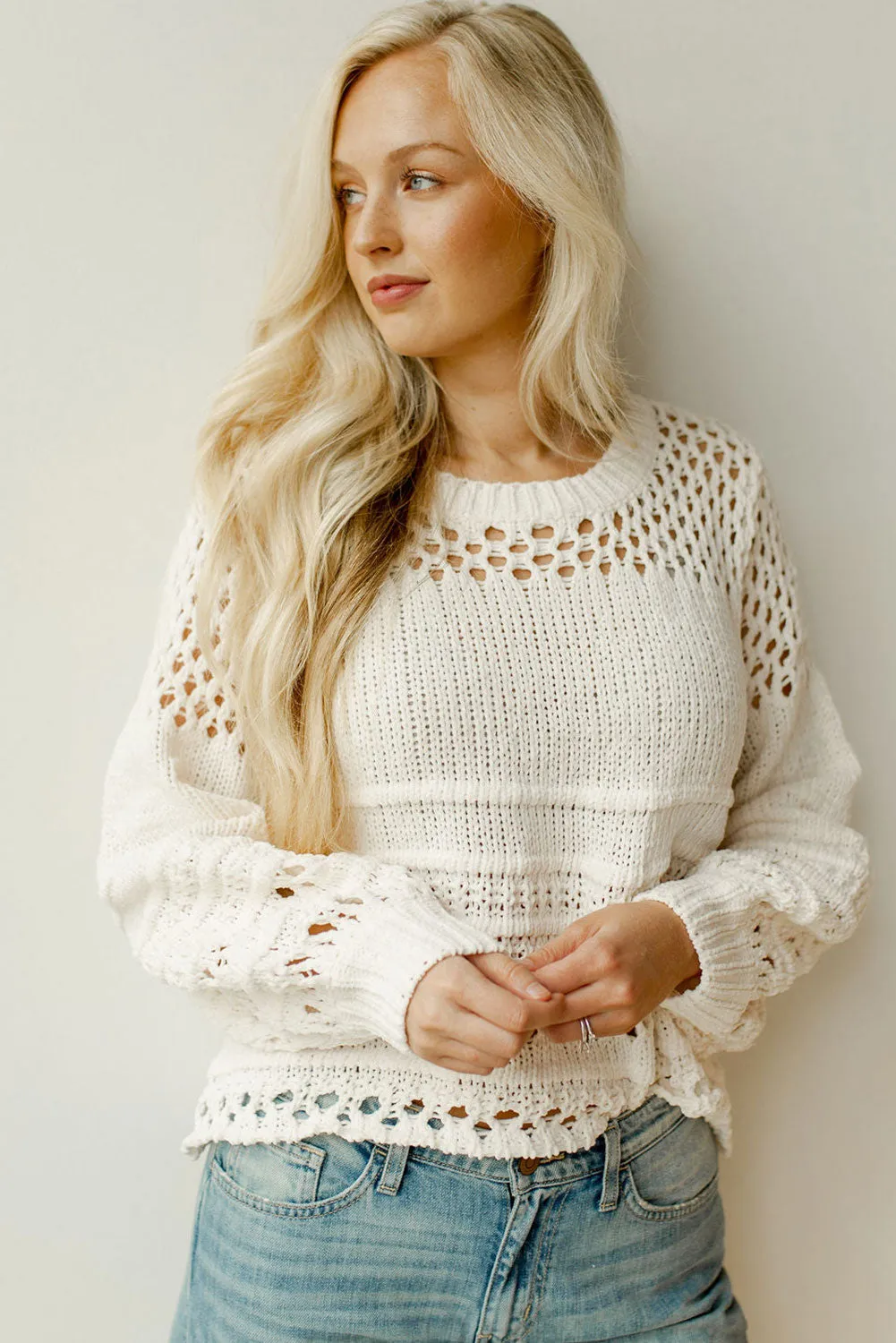 White Pointelle Knit Puff Sleeve Sweater