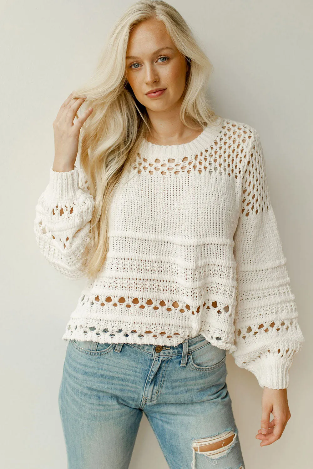 White Pointelle Knit Puff Sleeve Sweater