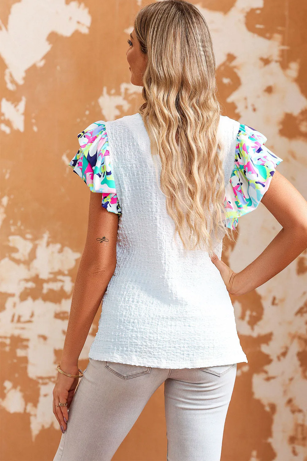 White Printed Puff Sleeve Textured Top