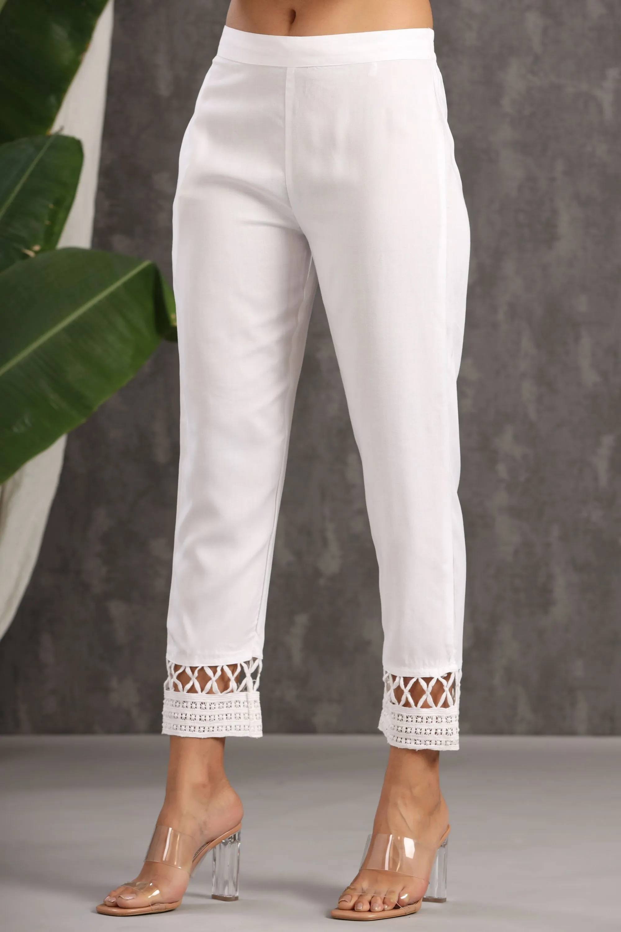 White Solid Rayon Ankle-Length Slim Fit Pants.-2877WHITE