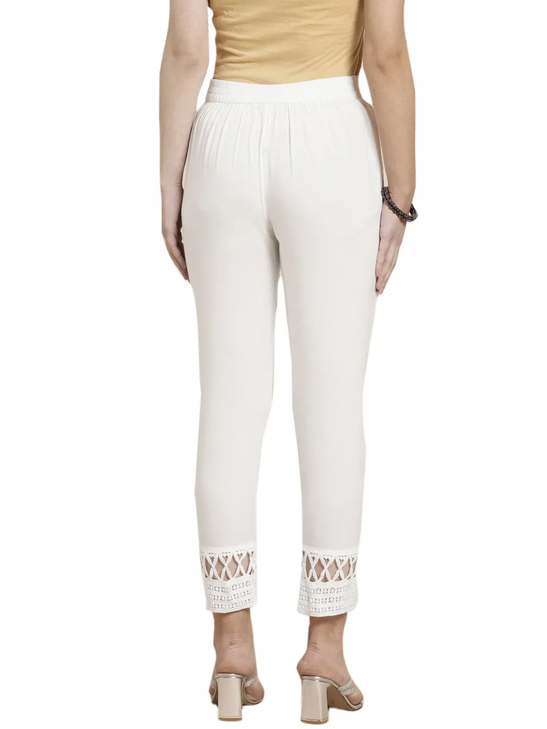 White Solid Rayon Ankle-Length Slim Fit Pants.-2877WHITE