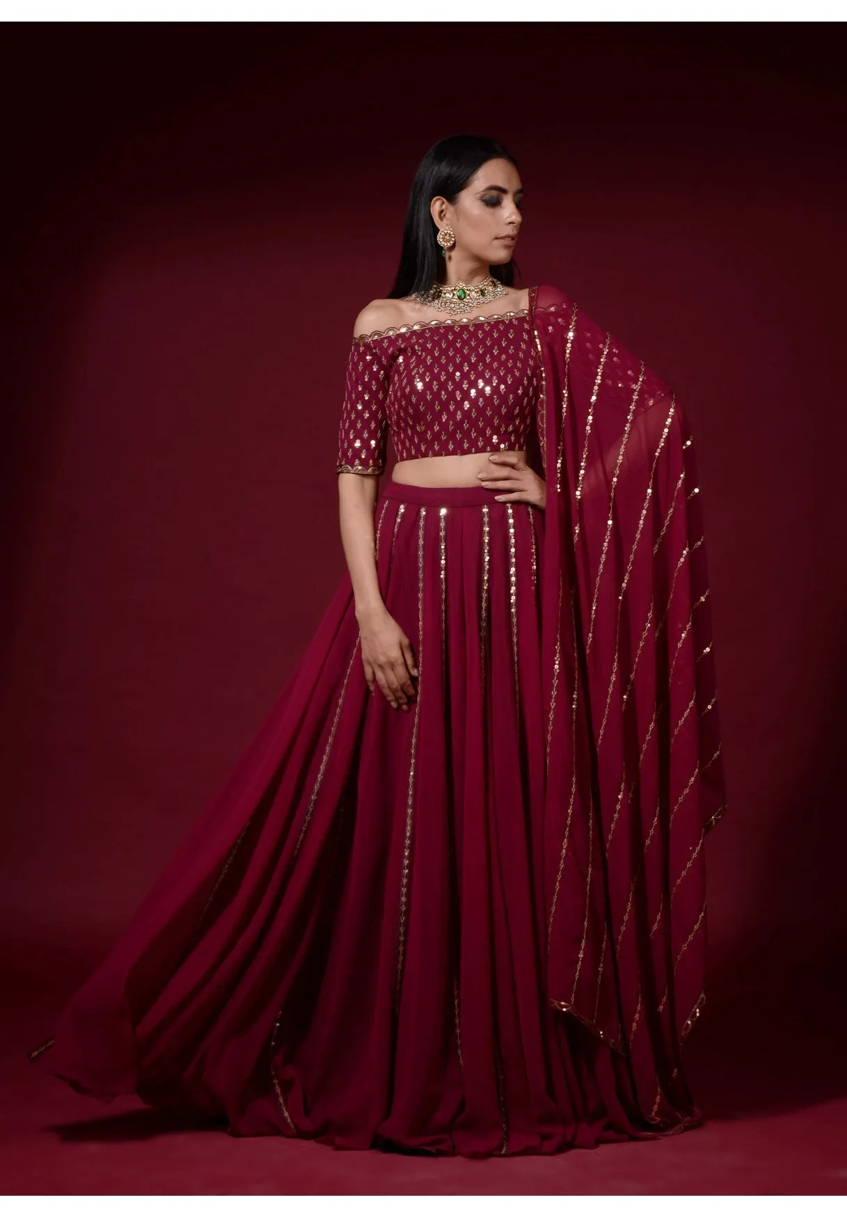 Wine Off Shoulder Blouse Lehenga Pants Set