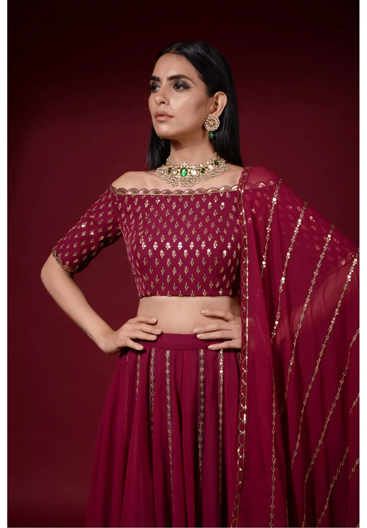 Wine Off Shoulder Blouse Lehenga Pants Set