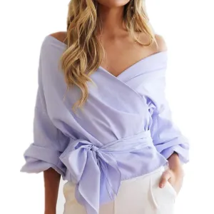 Women Fashion Blouse V Neck Puff Sleeve Cross Bandage Bow Tie Sashes Off Shoulder Blouses Shirts Ladies Tops