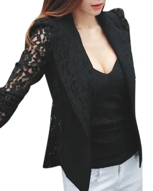 Women Sheer Lace Floral Patchwork Slim Formal Blazer Suits Coat Jacket Tops Black White