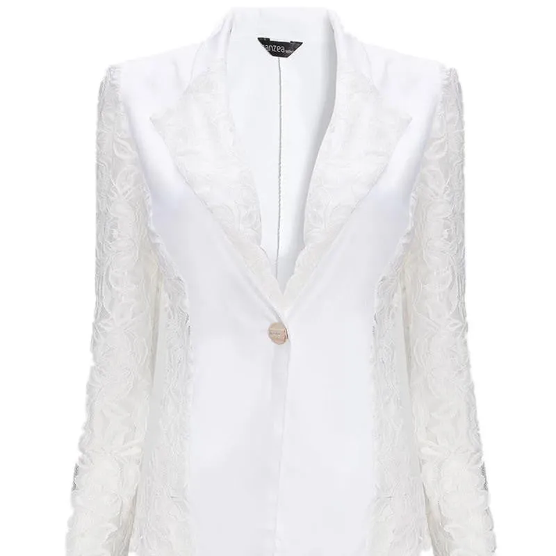 Women Sheer Lace Floral Patchwork Slim Formal Blazer Suits Coat Jacket Tops Black White