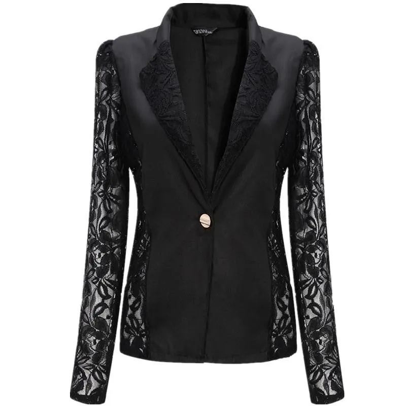 Women Sheer Lace Floral Patchwork Slim Formal Blazer Suits Coat Jacket Tops Black White