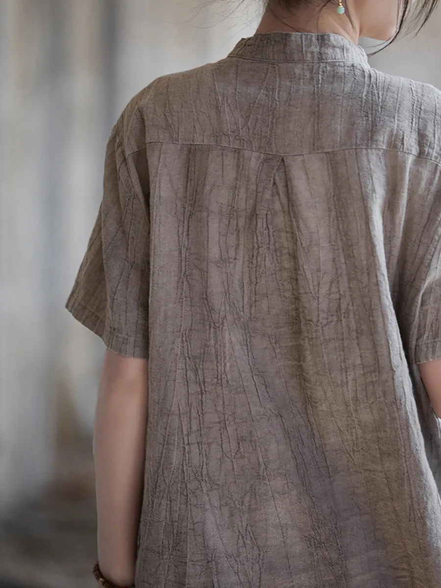 Women Summer Artsy Shirred Stand Collar Ramie Shirt
