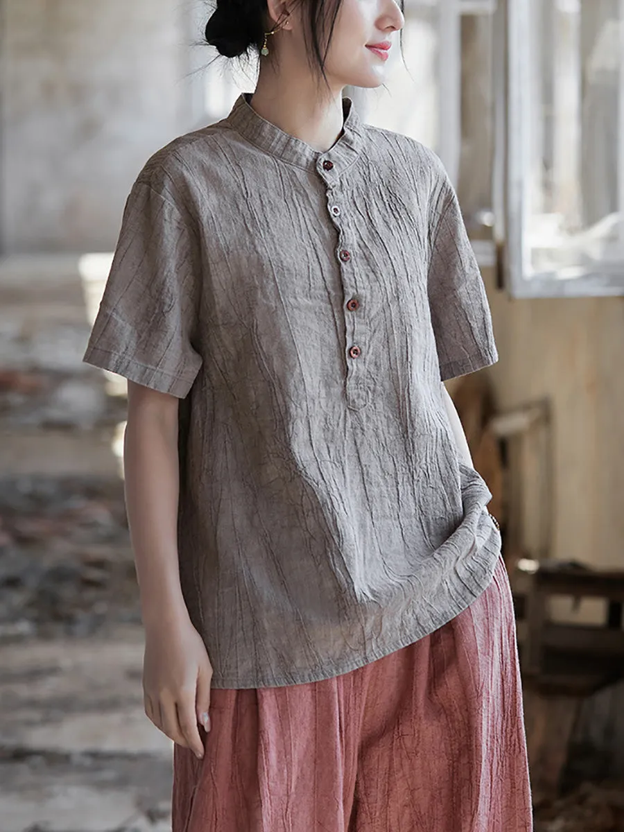 Women Summer Artsy Shirred Stand Collar Ramie Shirt