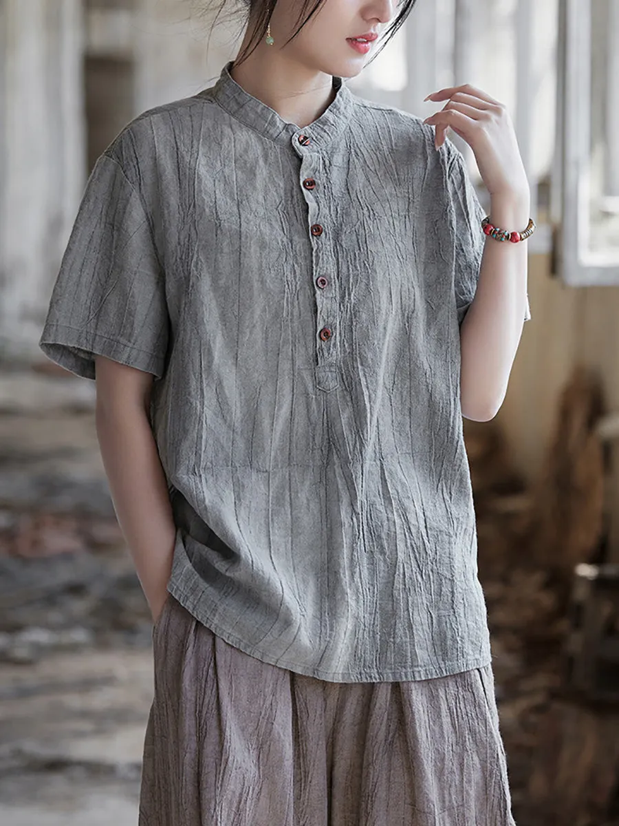 Women Summer Artsy Shirred Stand Collar Ramie Shirt