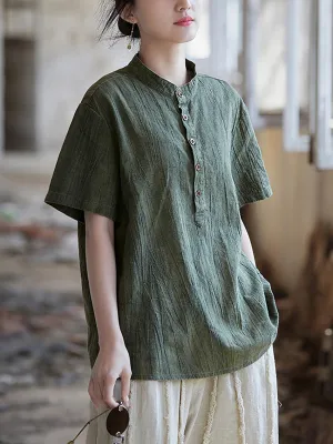 Women Summer Artsy Shirred Stand Collar Ramie Shirt