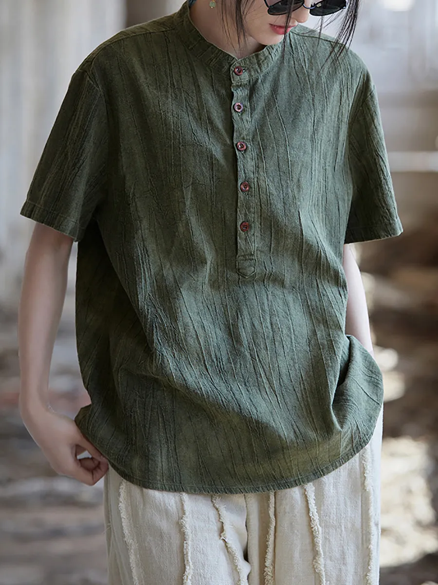 Women Summer Artsy Shirred Stand Collar Ramie Shirt