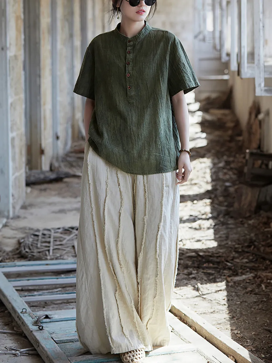 Women Summer Artsy Shirred Stand Collar Ramie Shirt