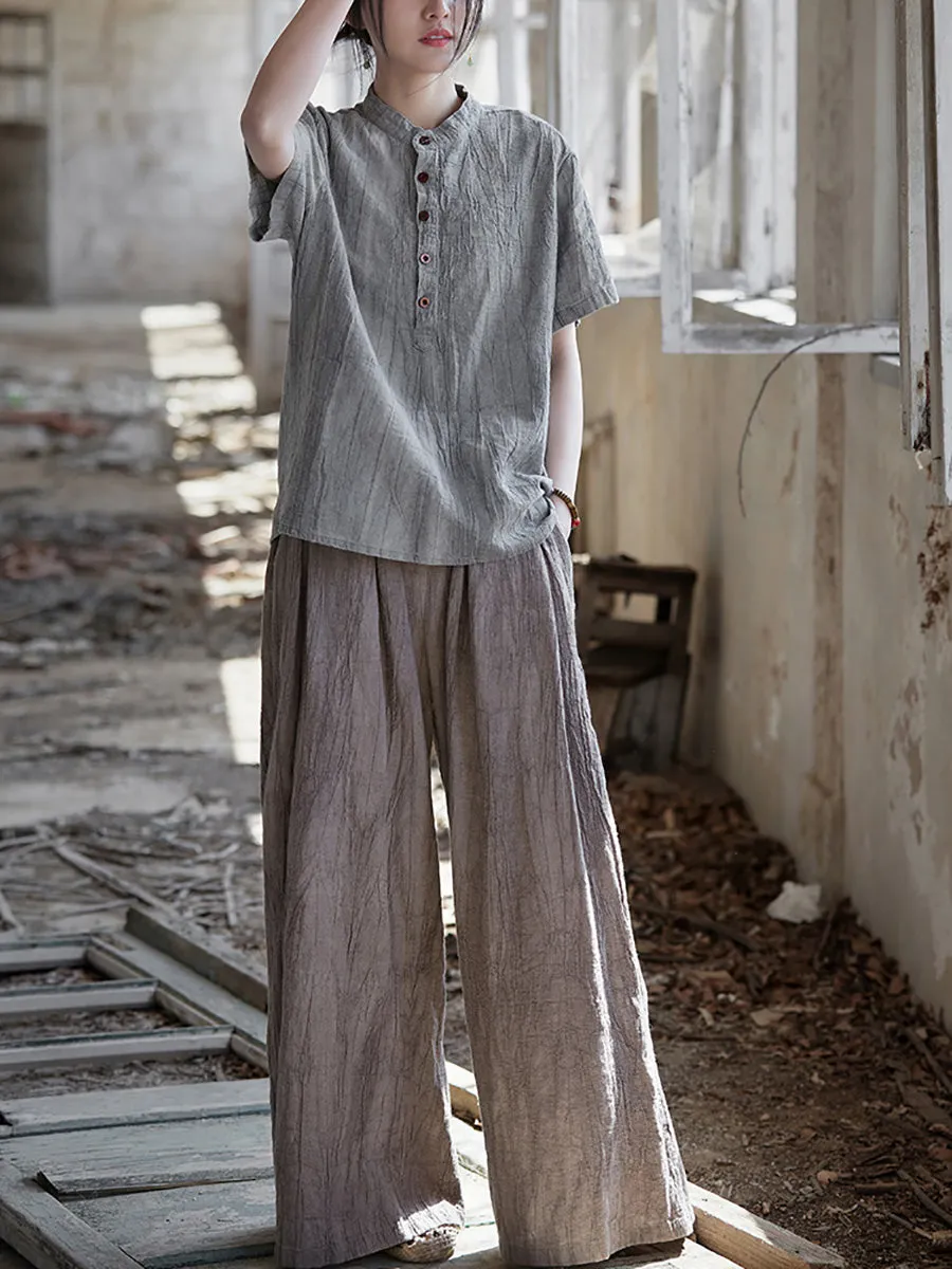 Women Summer Artsy Shirred Stand Collar Ramie Shirt
