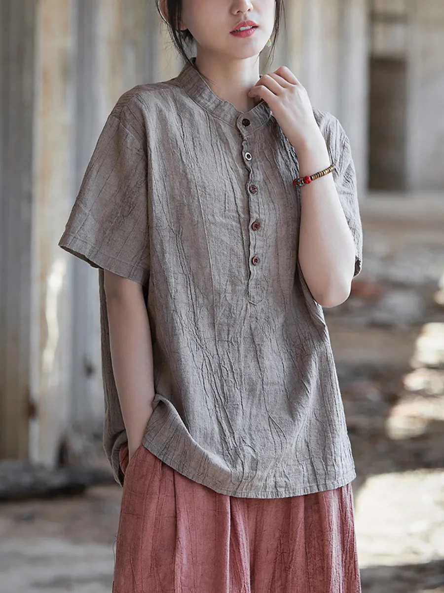 Women Summer Artsy Shirred Stand Collar Ramie Shirt