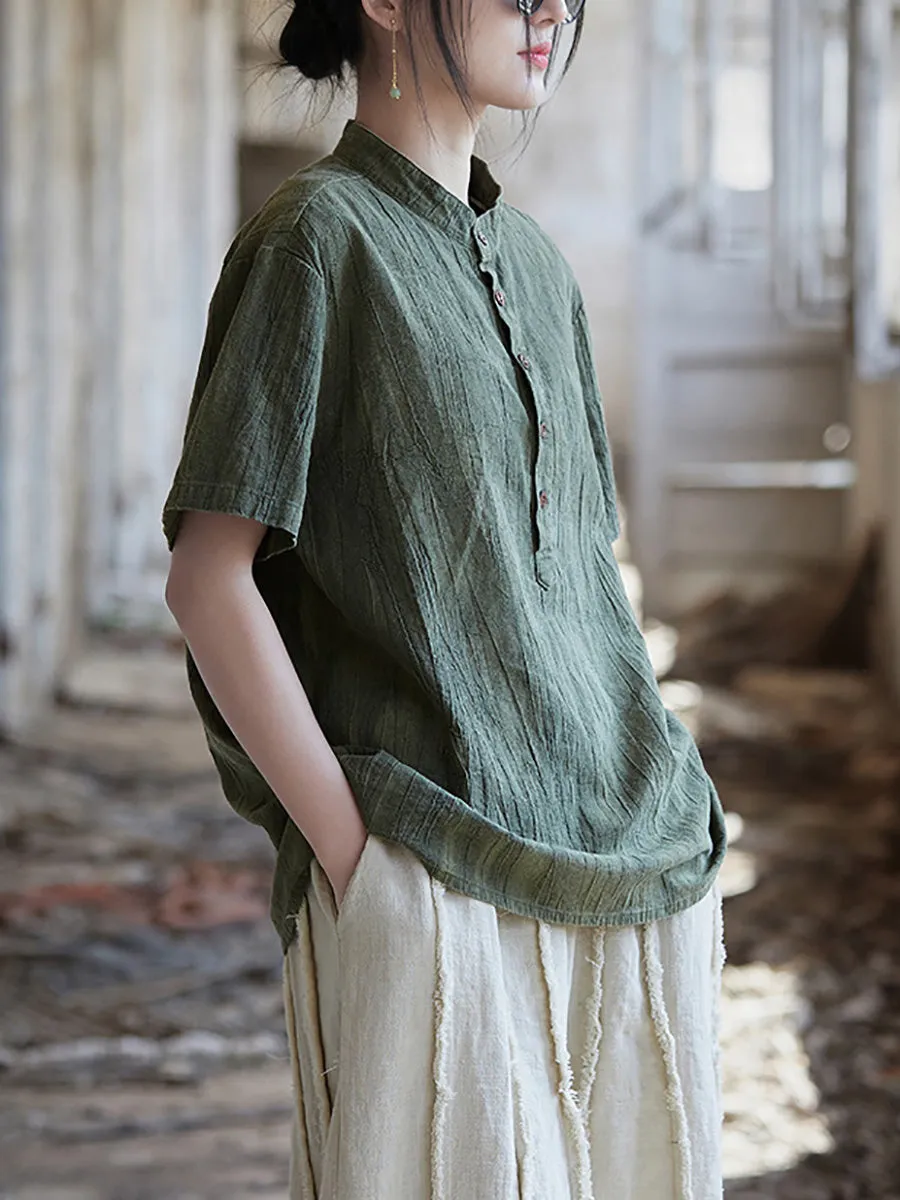 Women Summer Artsy Shirred Stand Collar Ramie Shirt