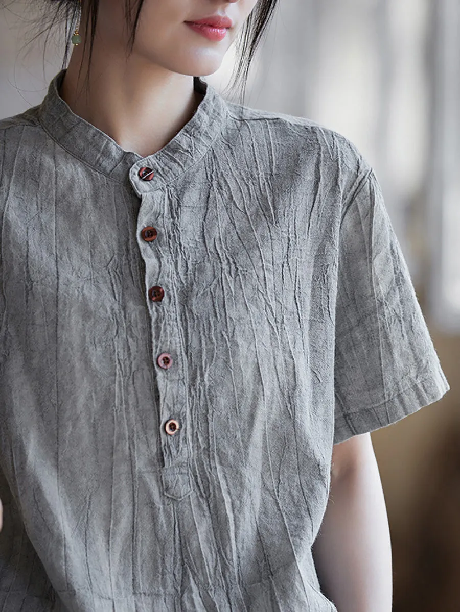 Women Summer Artsy Shirred Stand Collar Ramie Shirt