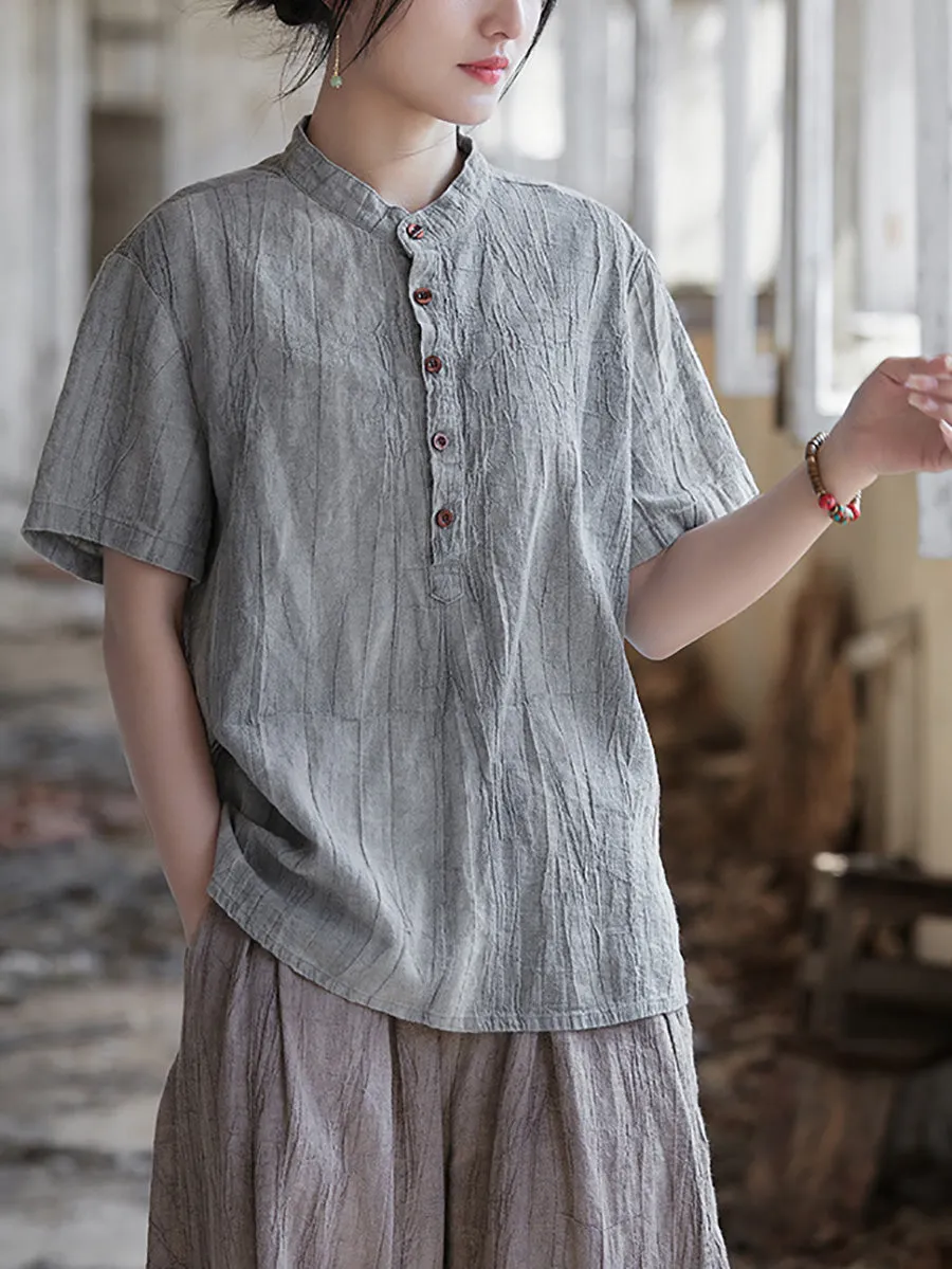 Women Summer Artsy Shirred Stand Collar Ramie Shirt