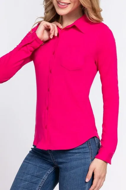 Women's Casual Long Sleeve Pocket Brushed Button Down Shirt