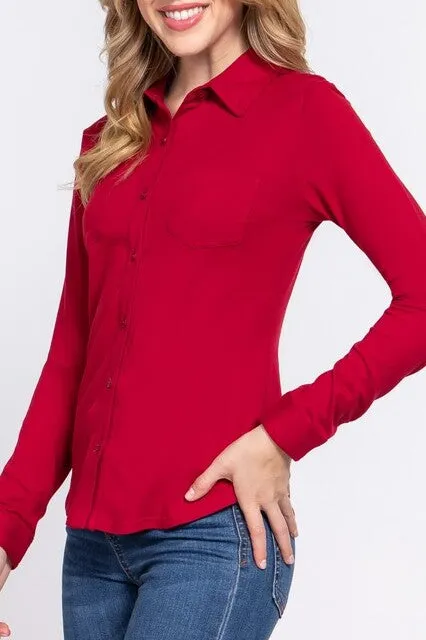 Women's Casual Long Sleeve Pocket Brushed Button Down Shirt
